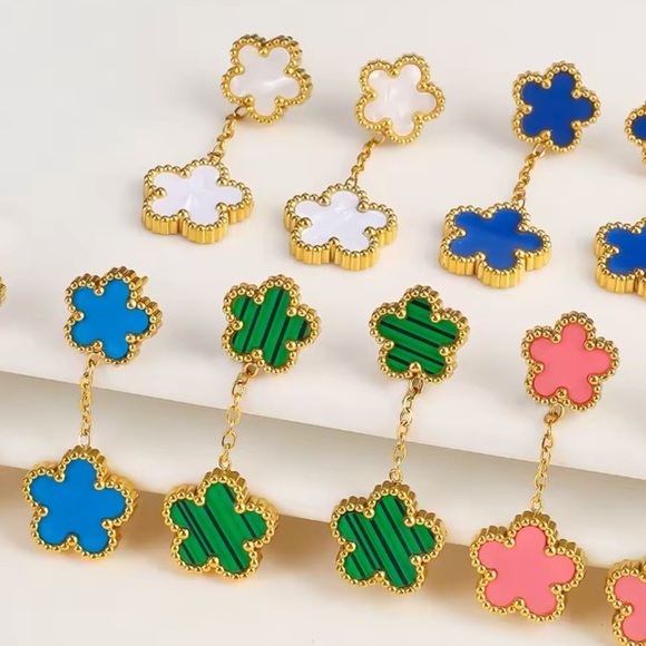 Alhambra Malachite Luck Four Clover Green Flower Stainless Steel Earrings - Picture 3 of 5